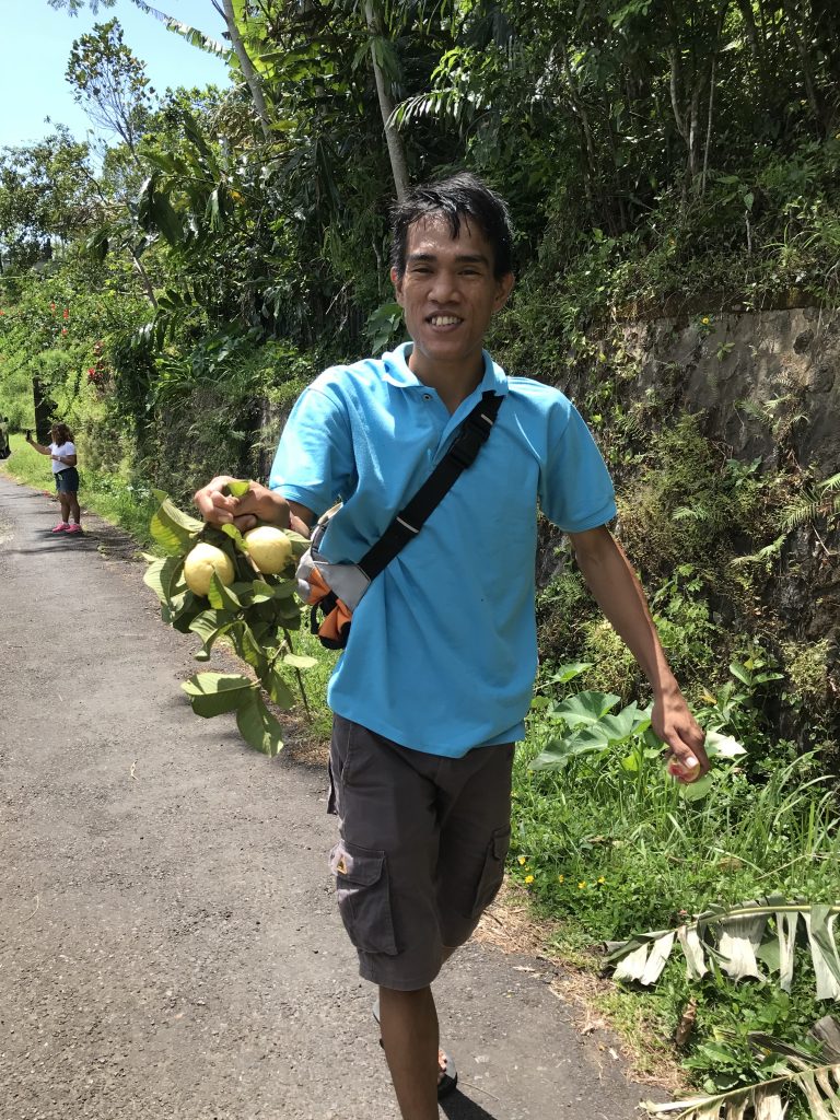 Driver Komang sharing fruit from the tree